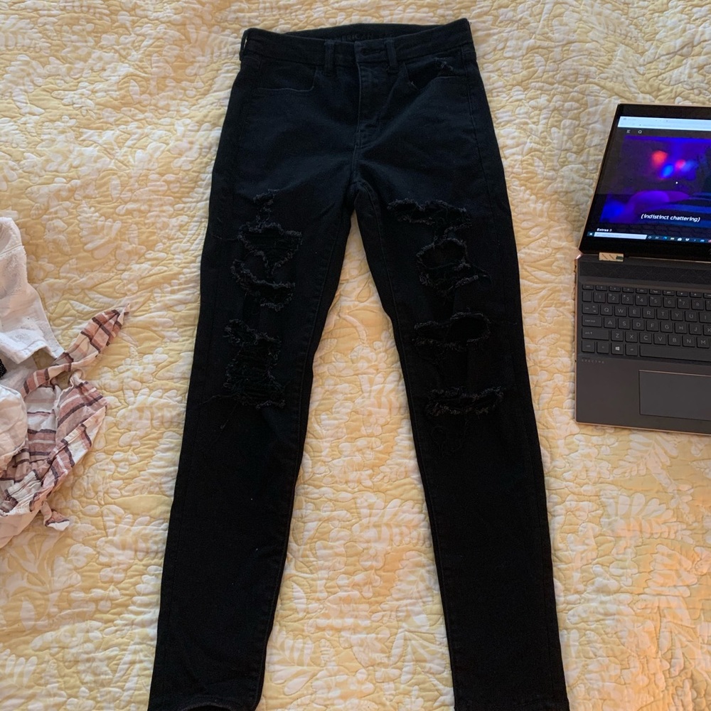 American Eagle High Waisted Black Ripped Jeans